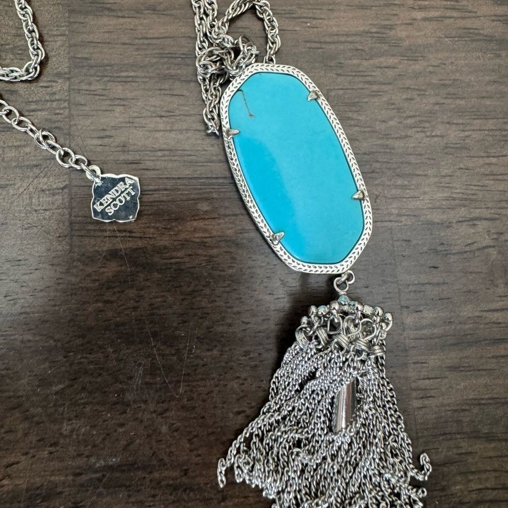 Kendra Scott Rayne Silver Turquoise Pendant Chain Tassel Necklace